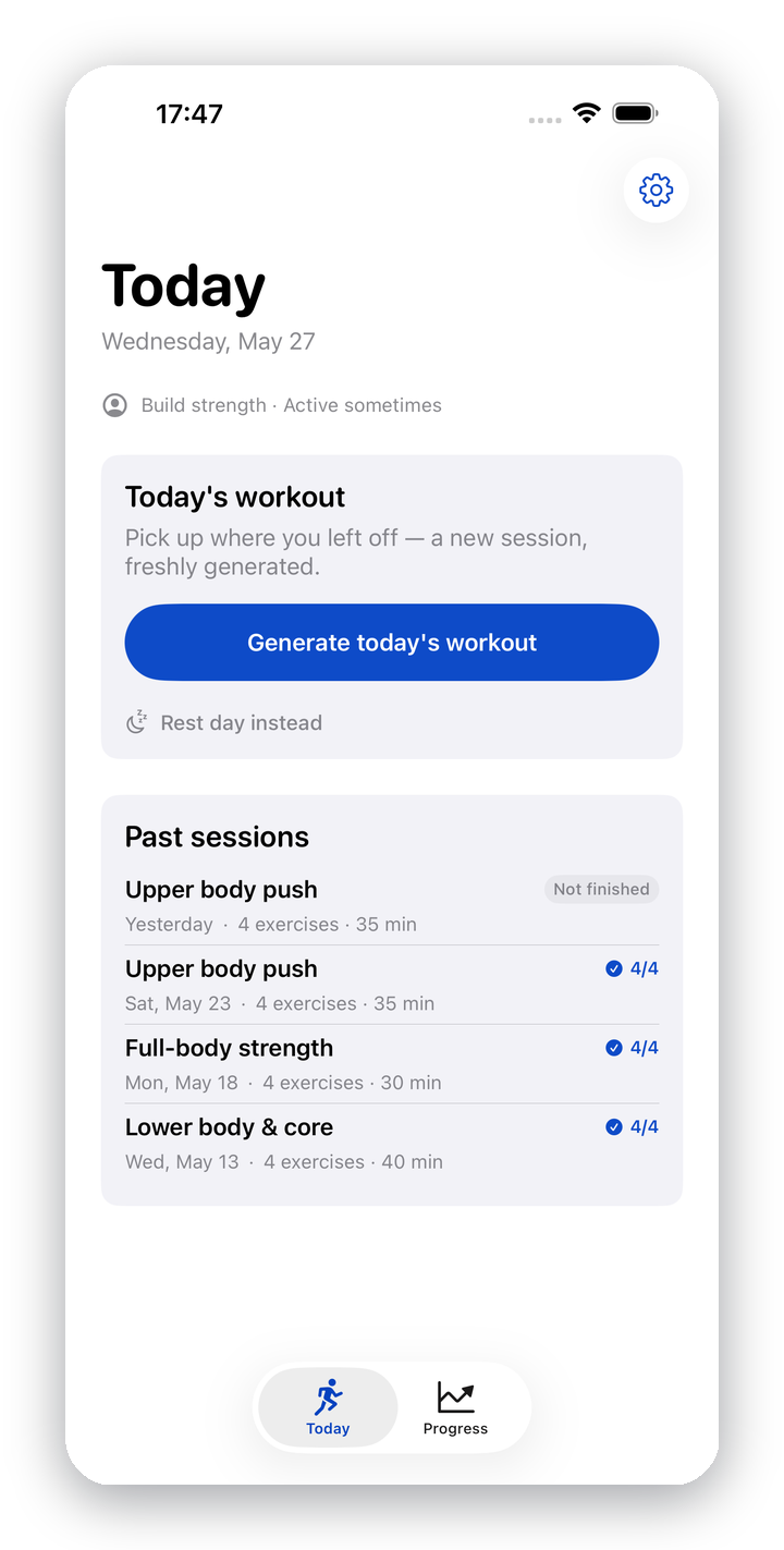 StrideAI Today screen showing AI workout