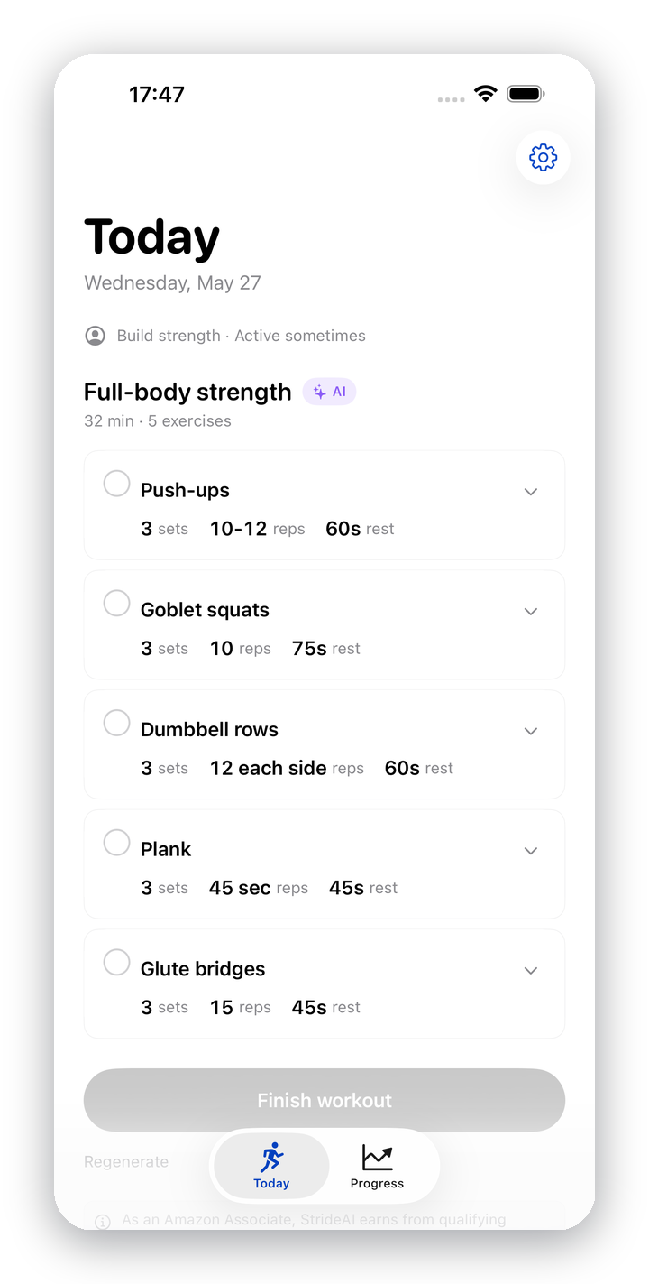 StrideAI active workout with exercise checklist